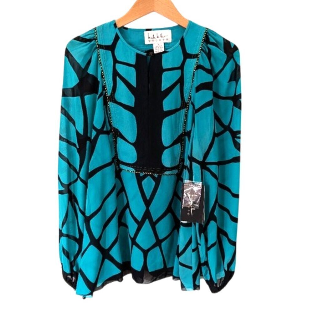 Nicole Miller Silk Blouse Abstract Turquoise Green Black Size S